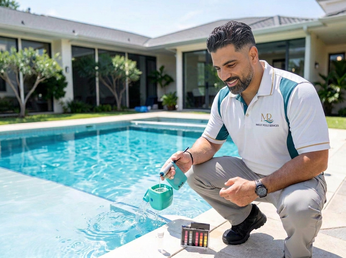Pool technician testing water chemistry beside a clean residential pool